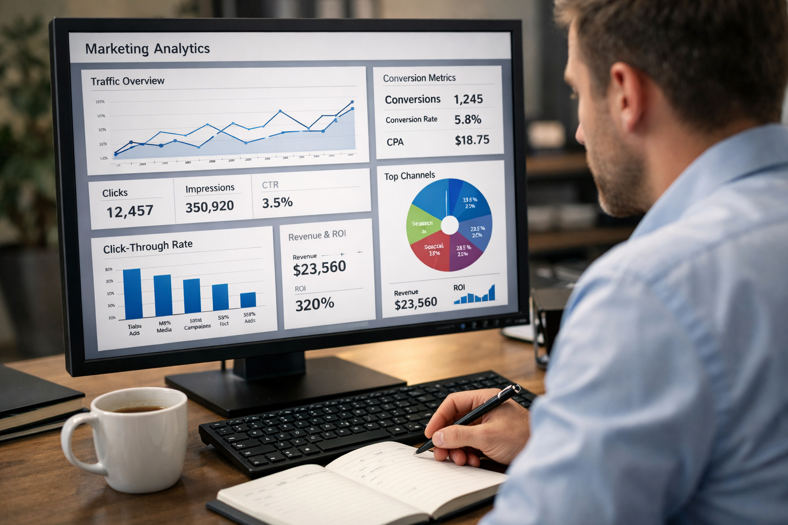 a person carefully analyzing campaign performance metrics on a computer screen, surrounded by graphs and data charts.