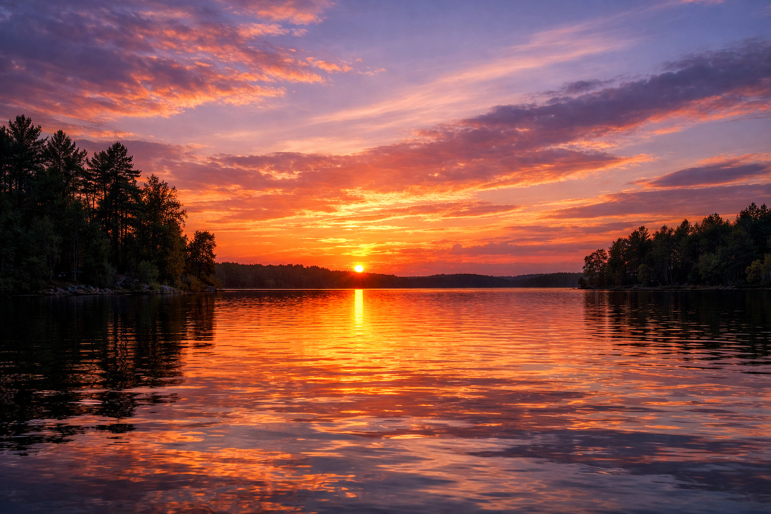 a vibrant sunset casts a golden hue over a serene lake, where gentle ripples create mesmerizing reflections of the colorful sky and silhouetted trees along the shore.