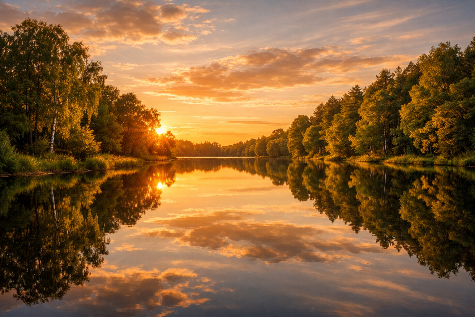 a vibrant sunset casts a warm golden hue over a serene lake, where lush greenery reflects in the still waters, creating a harmonious and tranquil atmosphere.