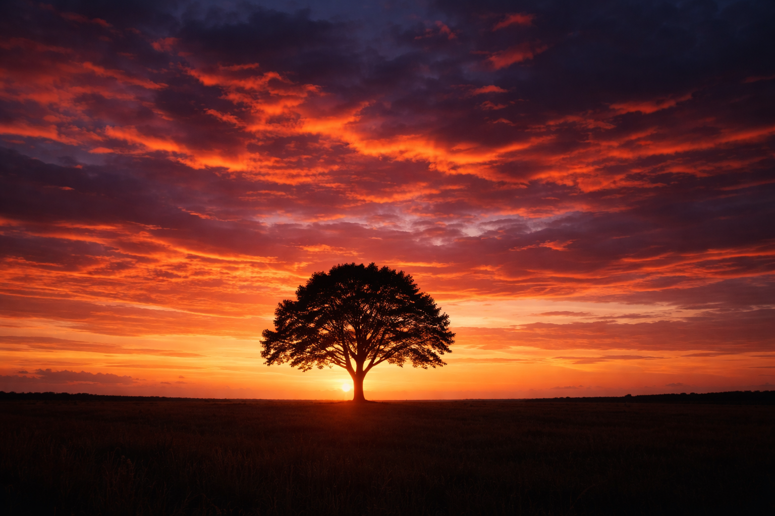 a vibrant sunset bathes the horizon in rich oranges and purples, silhouetting a lone tree against the expansive sky, evoking a sense of tranquility and wonder.