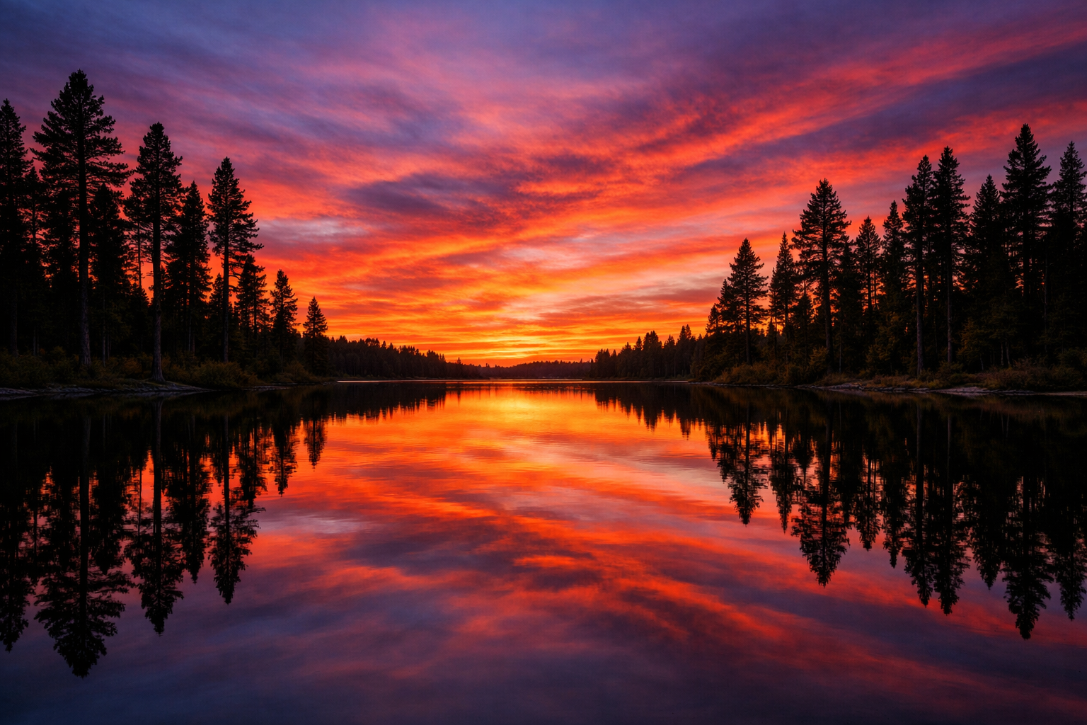 a breathtaking sunset over a tranquil lake reflects vibrant hues of orange, pink, and purple, silhouetting the surrounding pine trees against a serene sky.
