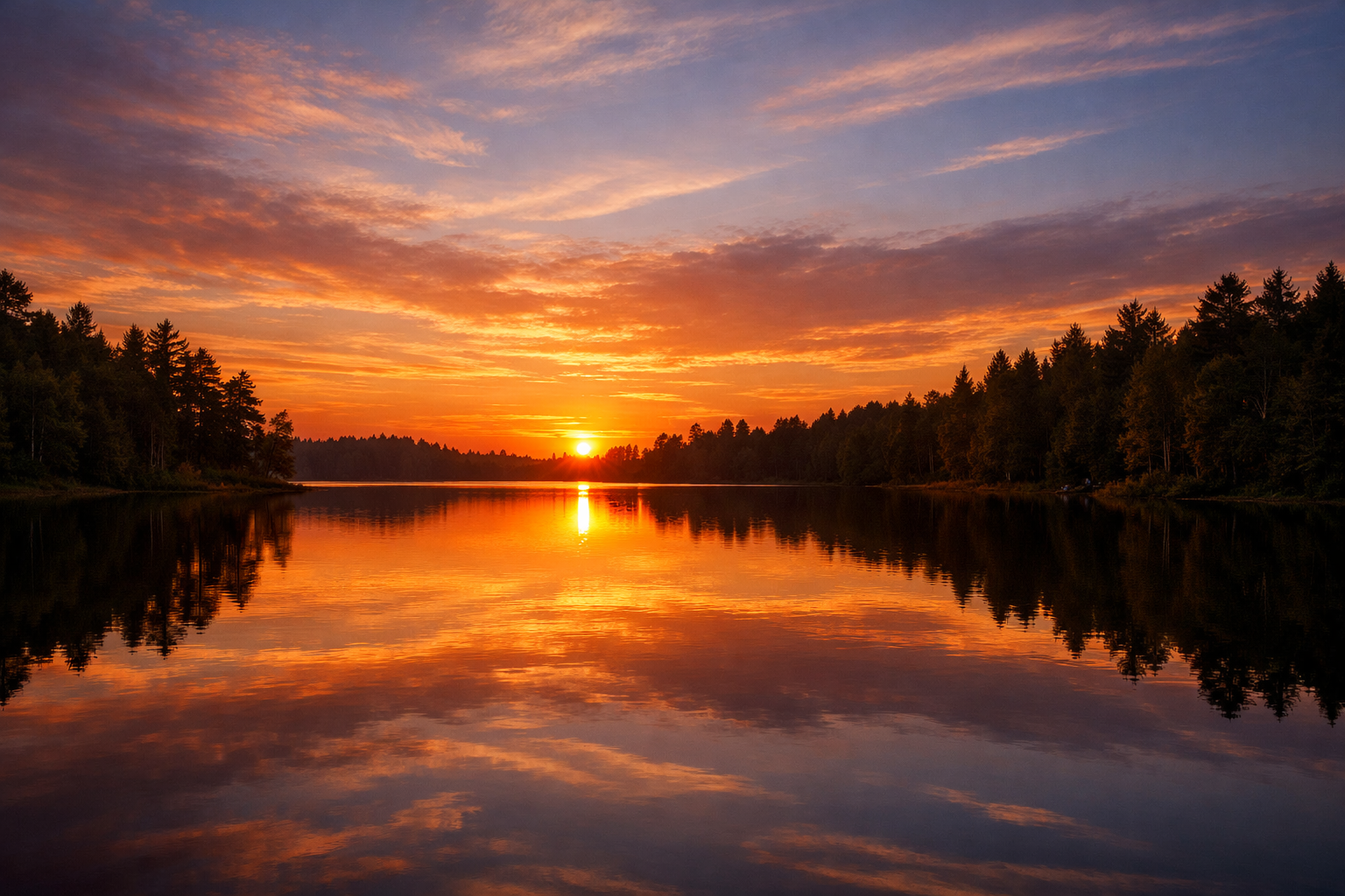 a vibrant sunset casts a warm, golden glow over a tranquil lake, reflecting the colorful hues of the sky and surrounding trees in perfect harmony.