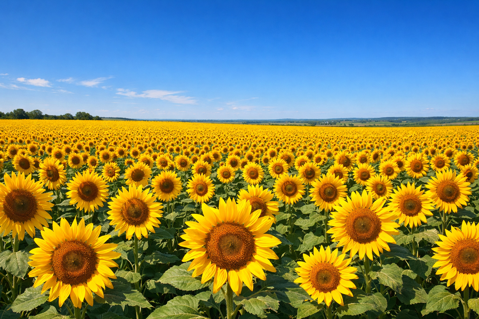 a vibrant sunflower field stretches endlessly under a brilliant blue sky, with sunlight illuminating the golden petals, creating a stunning contrast of color and light.