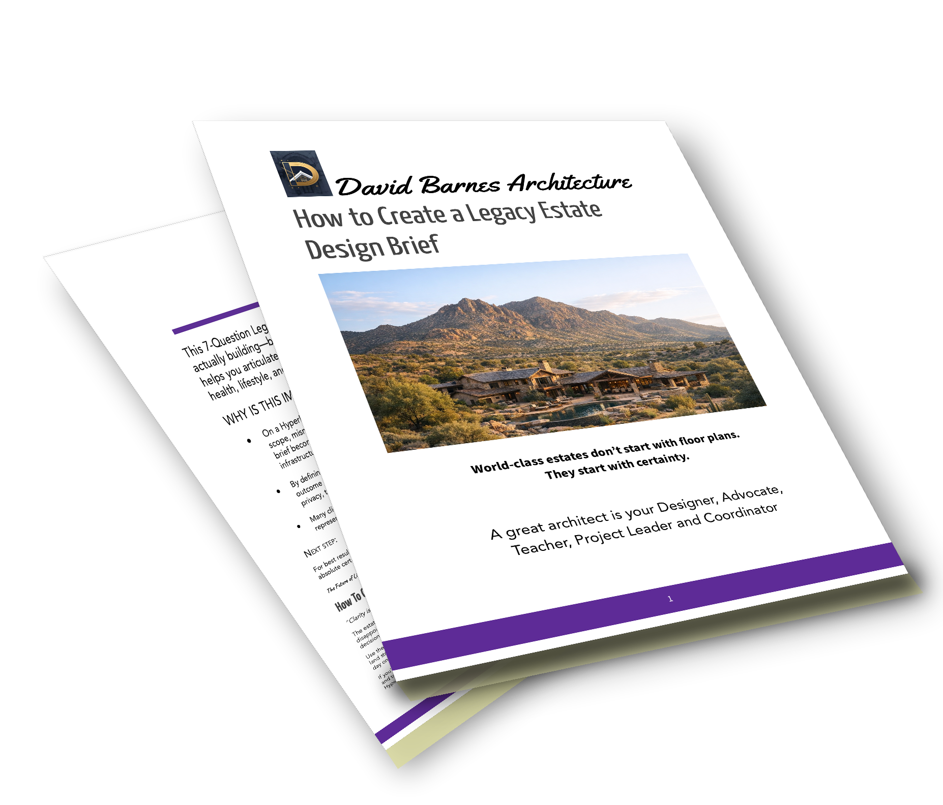Stacked design brief documents from David Barres Architecture about creating a legacy estate, featuring a luxury home exterior photo and purple accent stripe