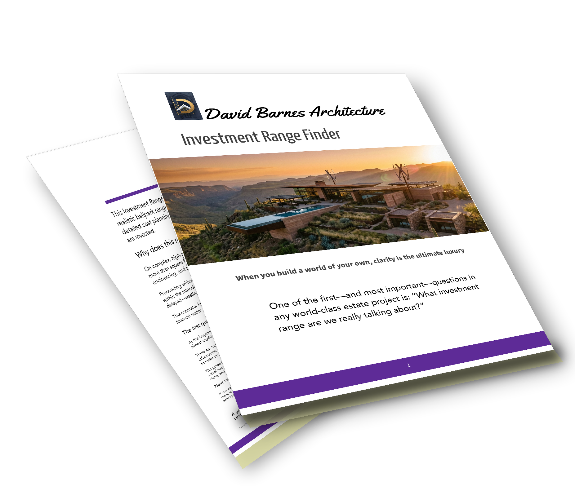 Stack of white documents showing Build Cost Building Cost Estimator template with pink header banner on dark background