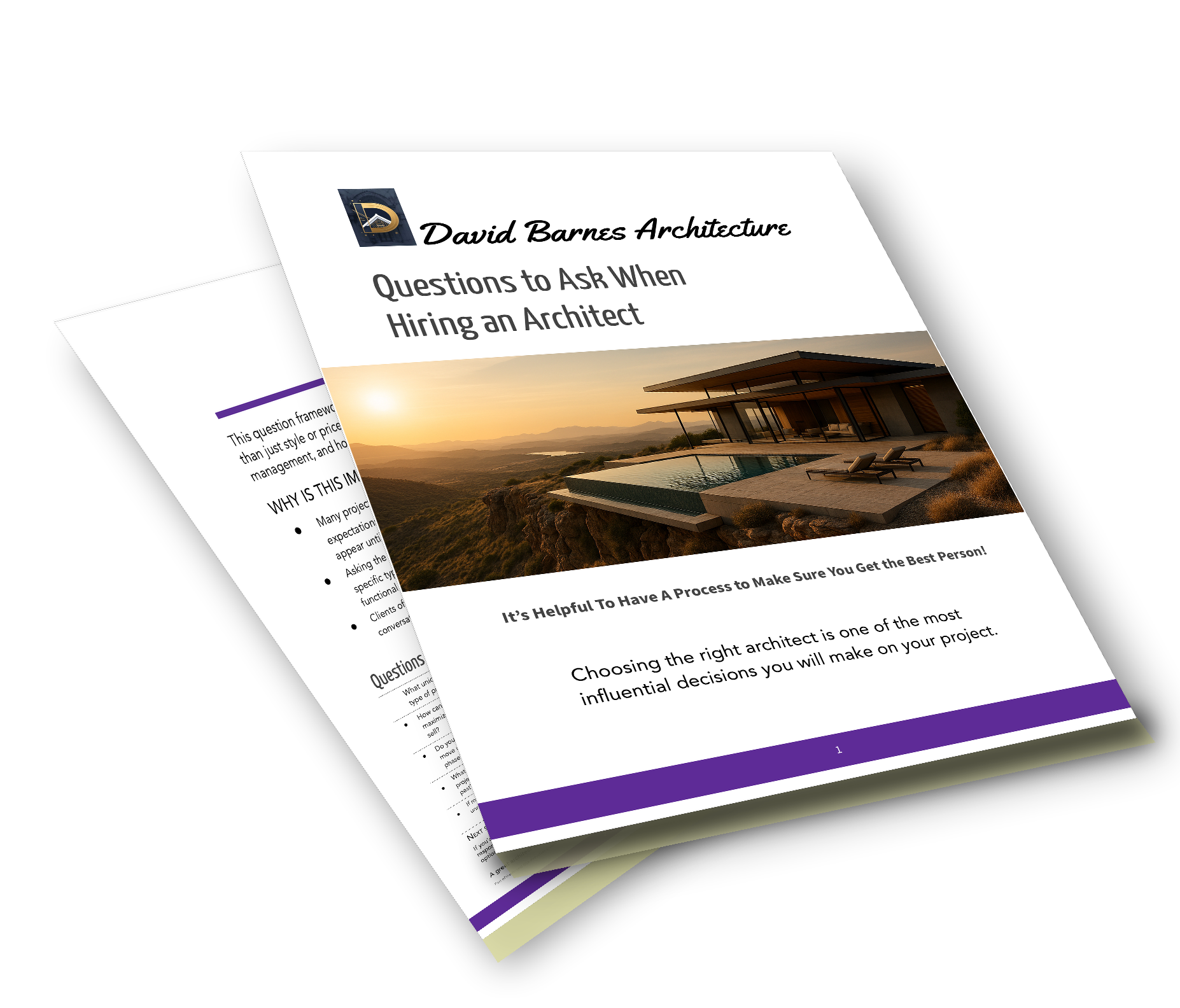 Two overlapping pages of a guide titled Questions to Ask When Hiring an Architect with purple header section and bullet points