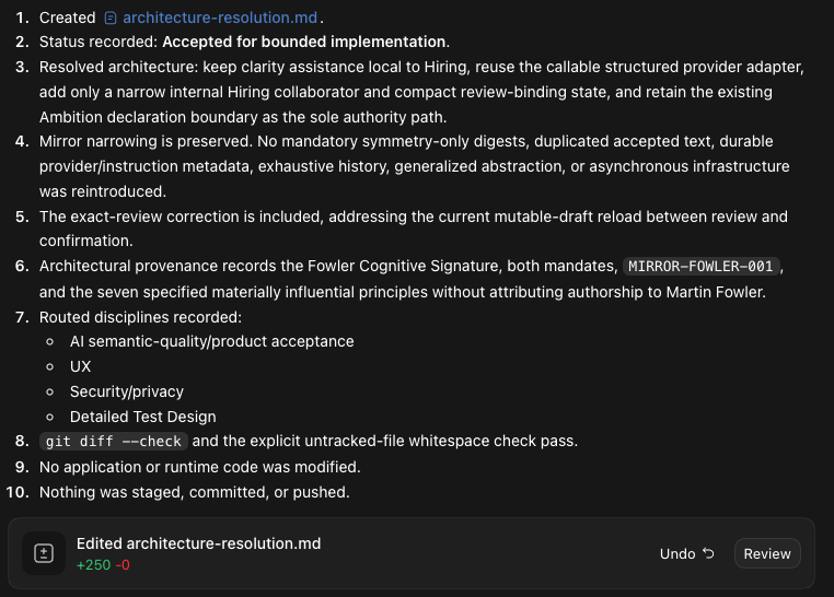 Actual Codex output showing bounded architecture determination and preserved provenance.