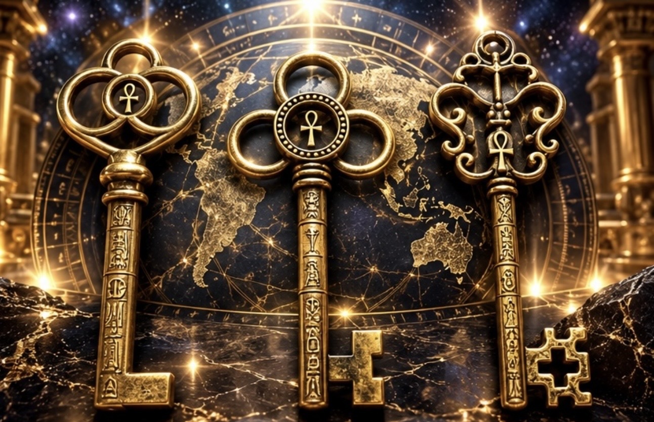 Three golden ankh keys
