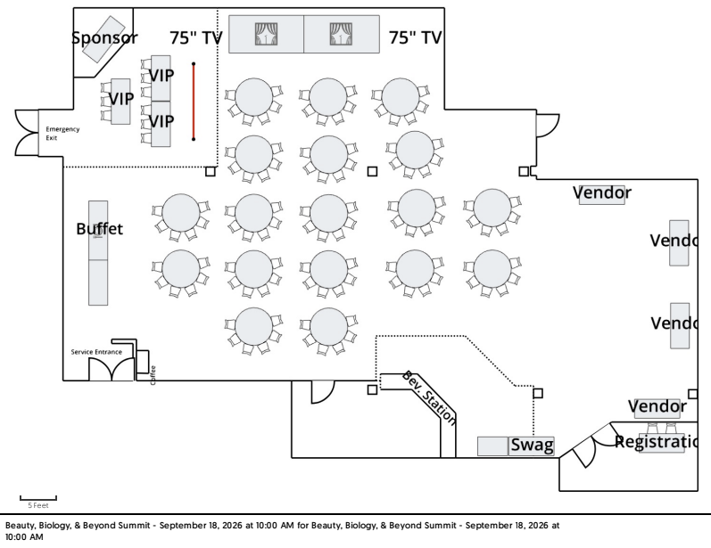 Floorplan for the B³ Summit: VIP tables and two screens at the front, rounds through the centre, buffet along one wall, vendor row and registration by the entrance