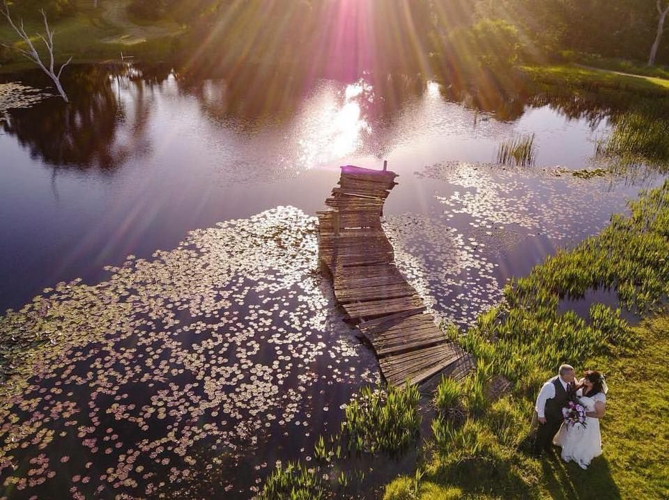 An aerial view of a couple standing beside a lily-covered pond with a timber jetty, in late afternoon sun