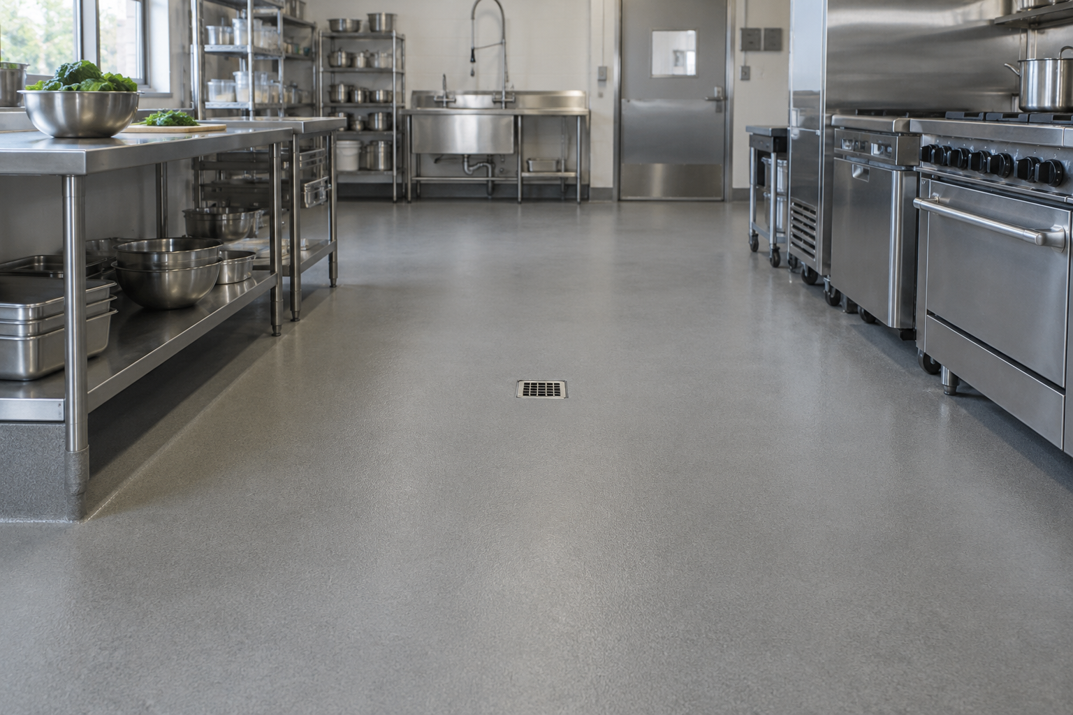 Illustration of a commercial kitchen with a urethane cement floor