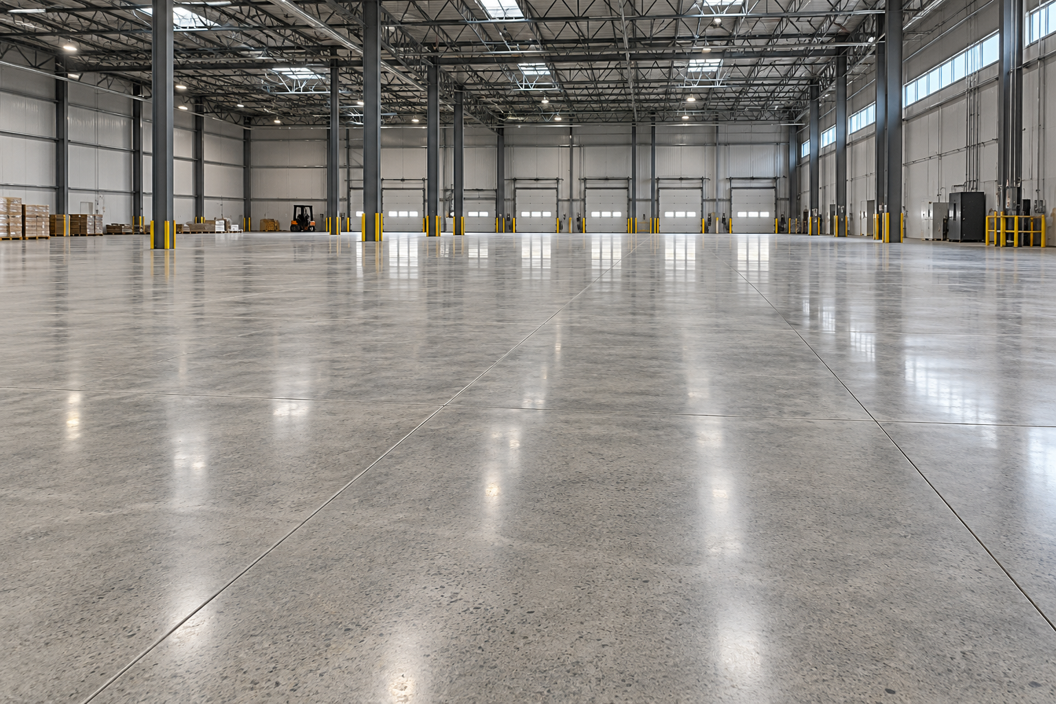 AI illustration of a large industrial warehouse with polished concrete flooring