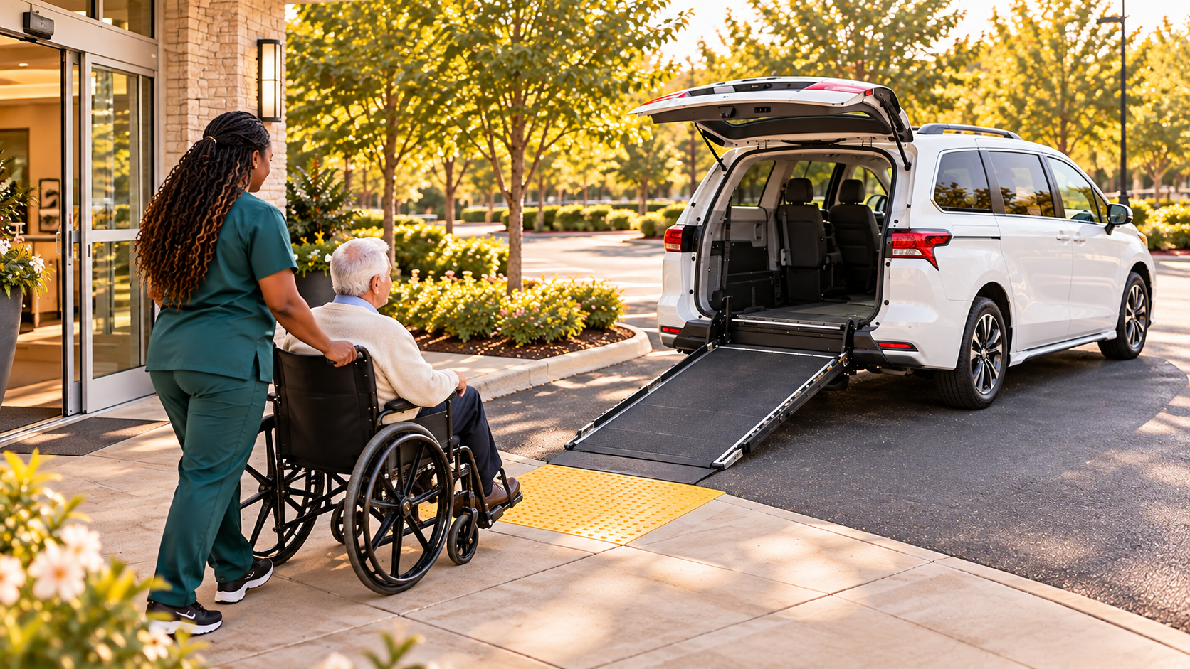 A caregiver guides a gentleman in a wheelchair toward the lowered rear ramp of a white minivan.