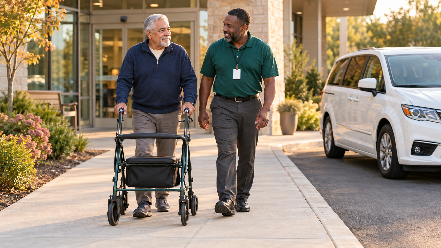 A man using a walker walks beside a transportation companion outside a healthcare office.