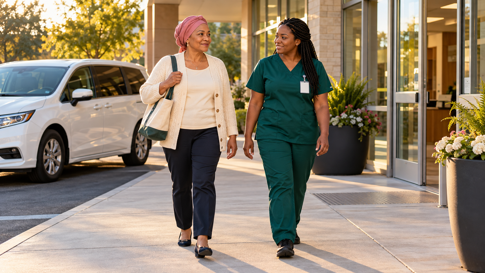 A woman wearing a rose headscarf walks beside a transportation companion near a white minivan.