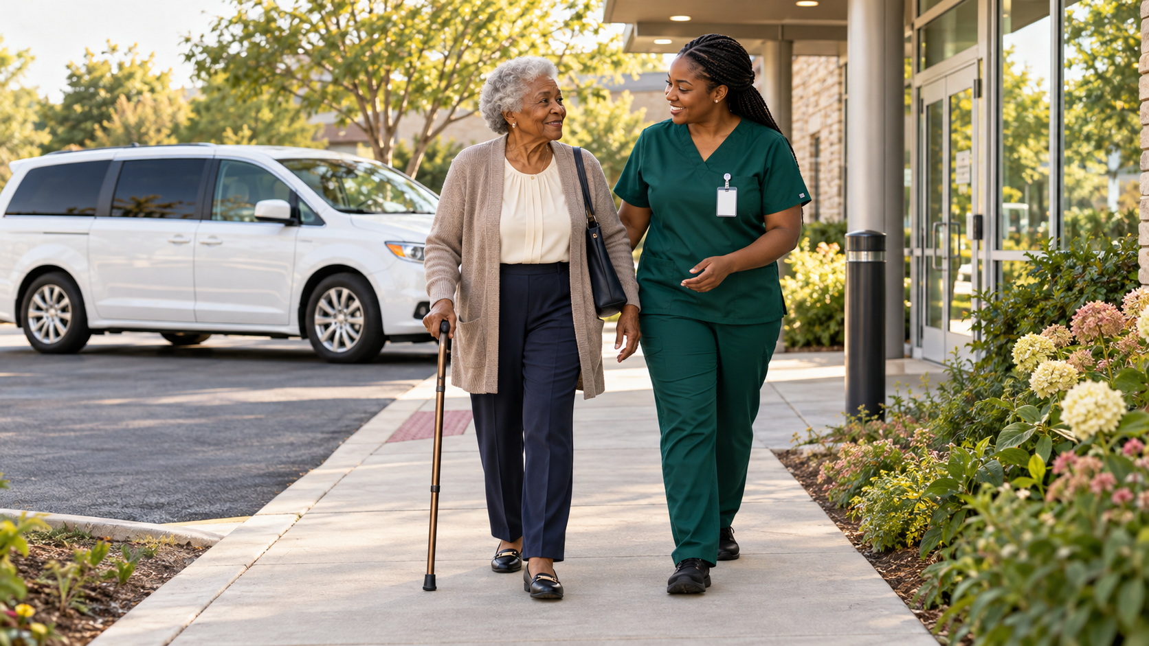 An older woman using a cane walks beside a transportation companion outside a healthcare building.