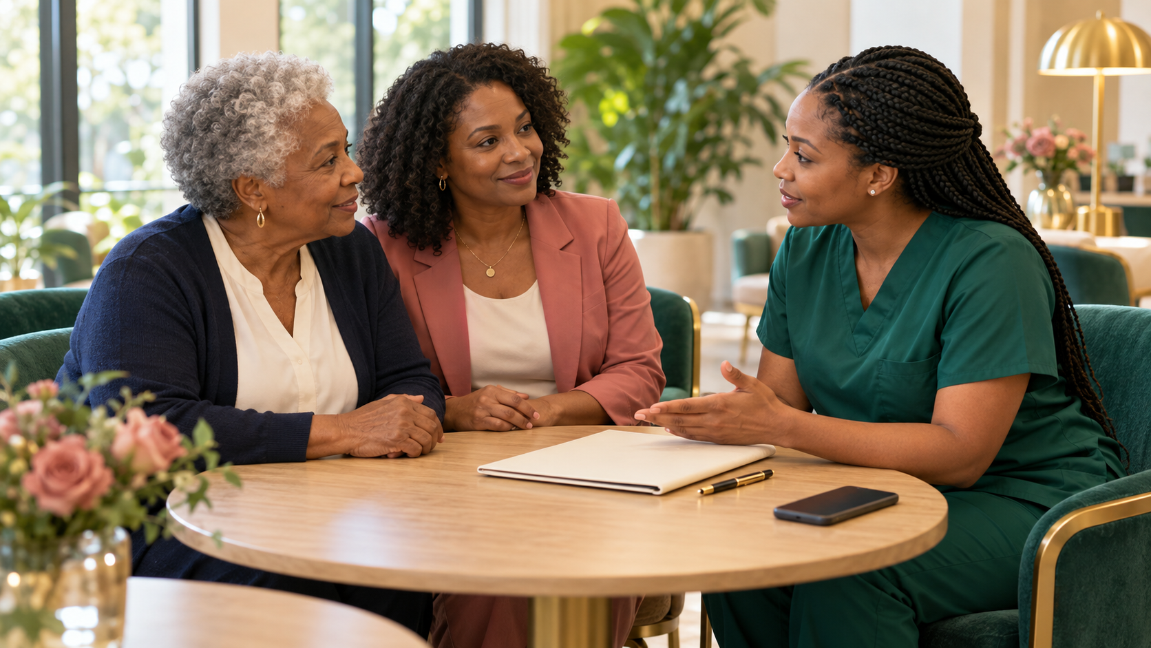 An older woman and her adult daughter discuss transportation arrangements with a coordinator.