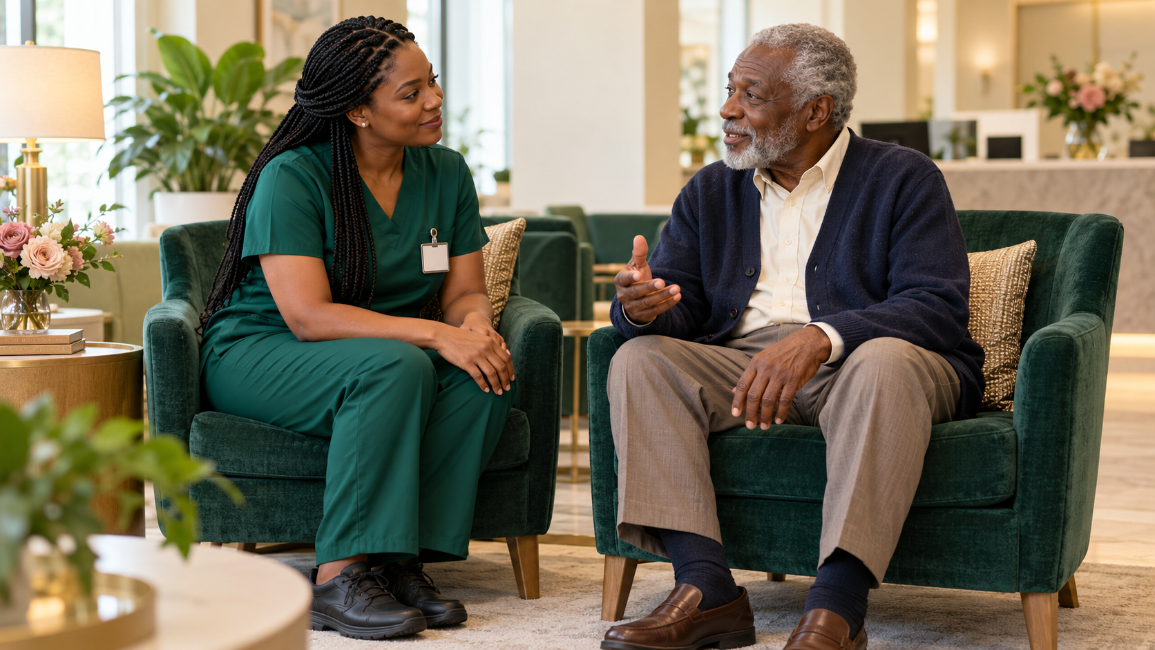 A companion listens attentively to an older gentleman in a healthcare waiting area.