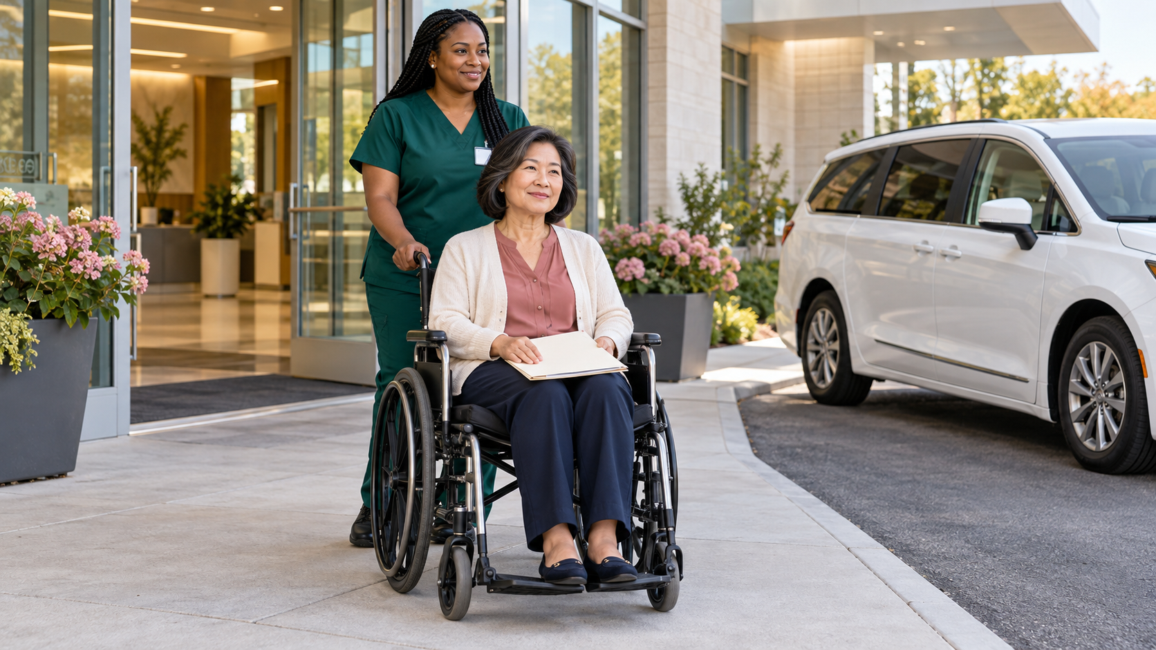 A transportation companion guides a woman in a wheelchair outside an outpatient center.