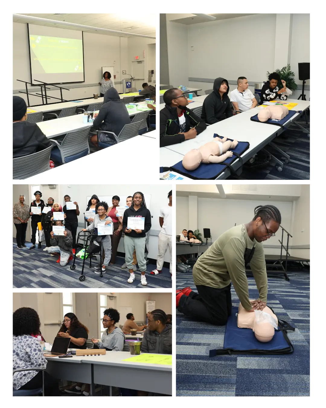 Highlights from the 5-day Better Steps Spring Career Camp at Miami Dade College Homestead. Students are seen practicing life-saving CPR skills, engaging in group career discussions, and celebrating their program completion with certificates.