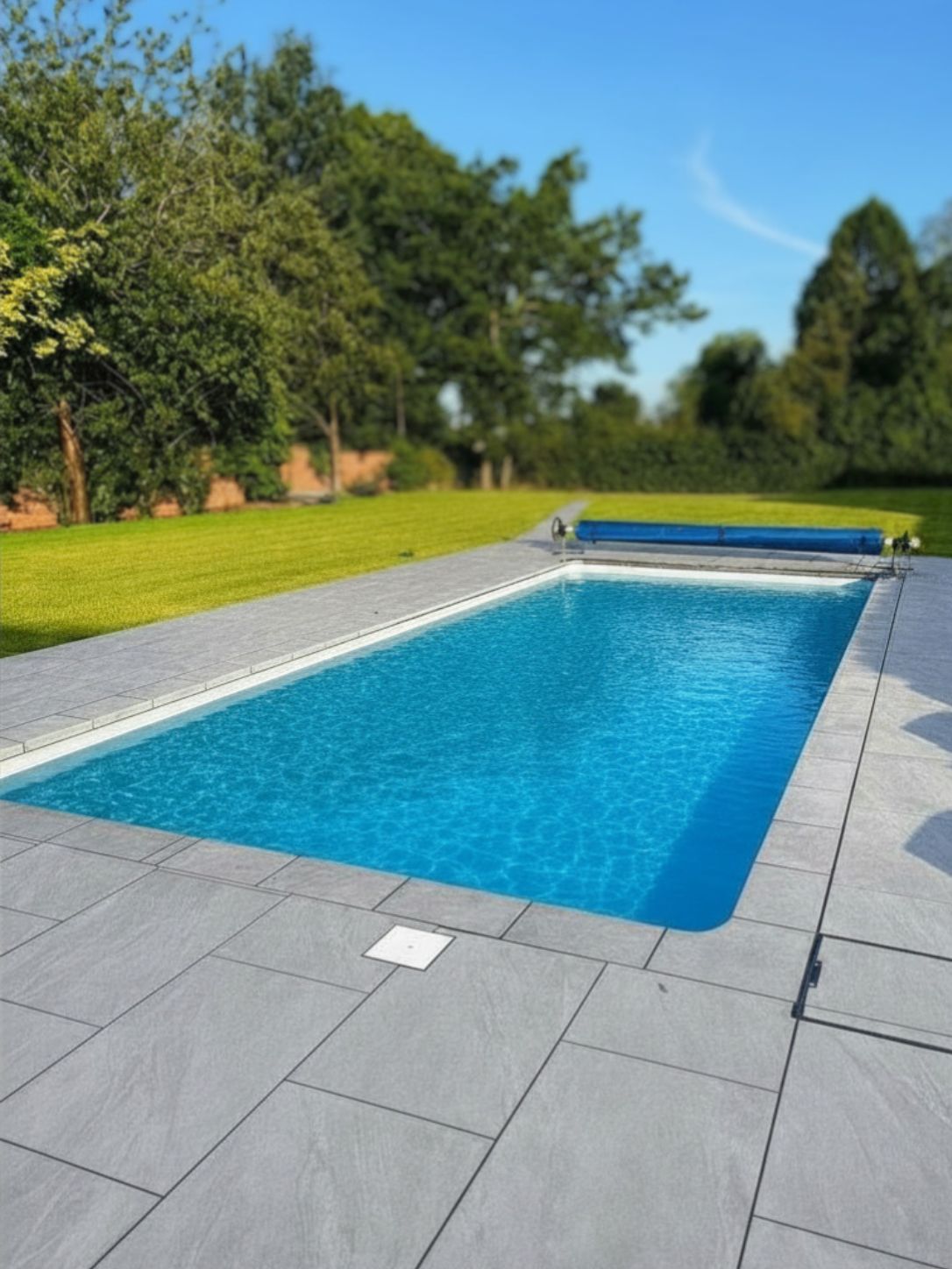 Luxury outdoor swimming pool with crystal clear blue water, grey stone paving and lush green garden — chemical-free pool system Luxury outdoor swimming pool with crystal clear blue water, grey stone paving and lush green garden — chemical-free pool system