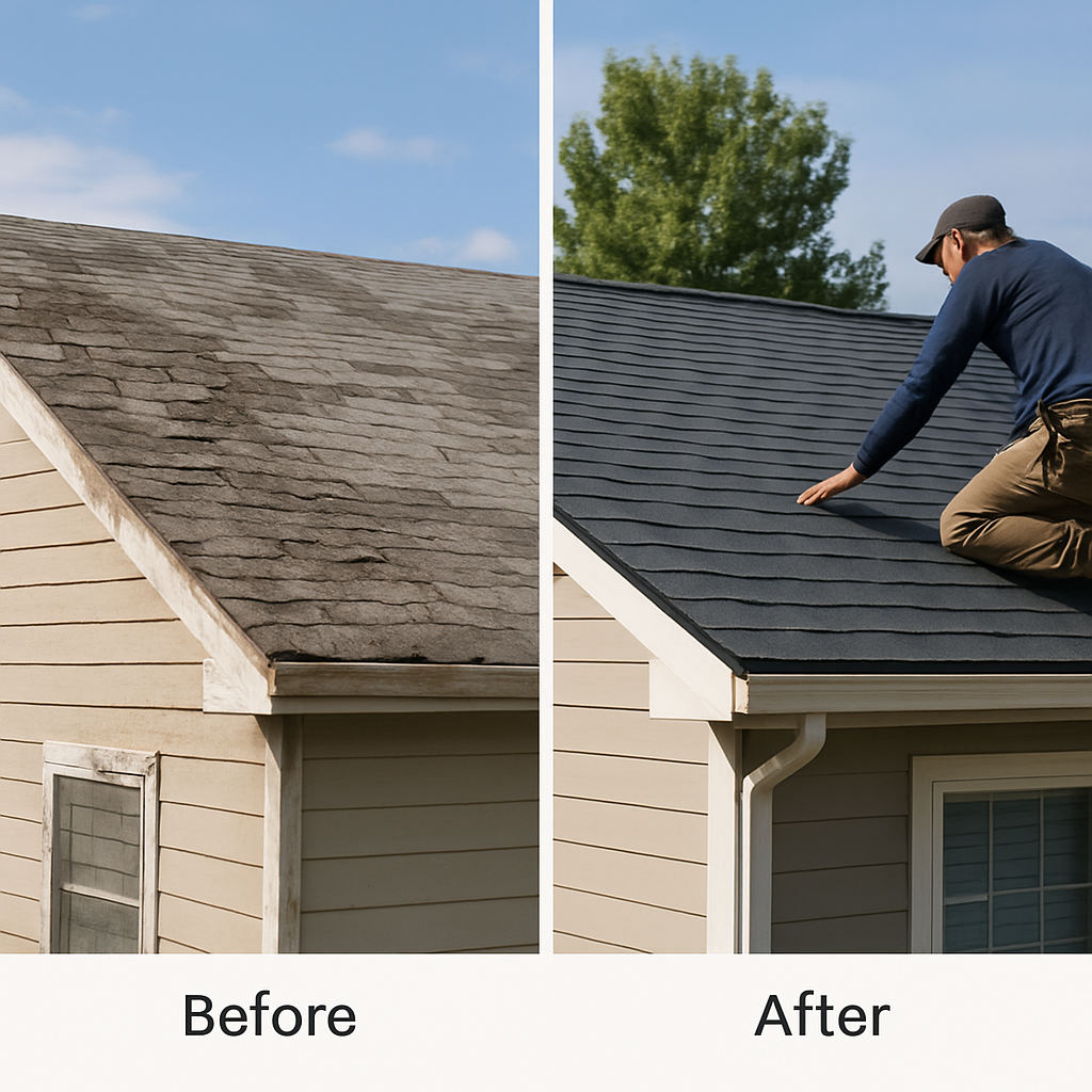 Roofer inspecting residential roof in Parker Colorado