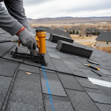 Close-up of hail damaged asphalt shingles Parker Colorado