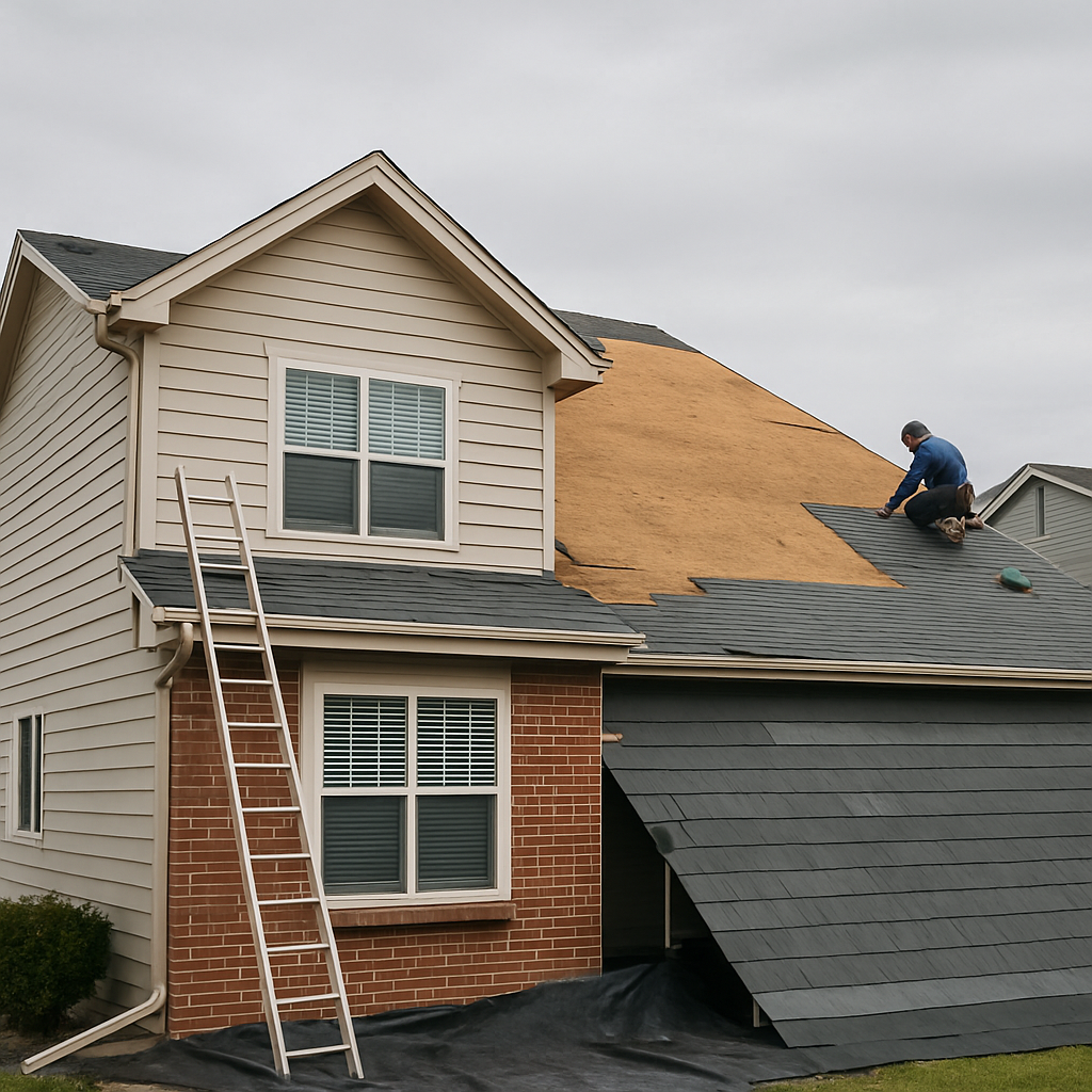 Roofer inspecting residential roof in Parker Colorado