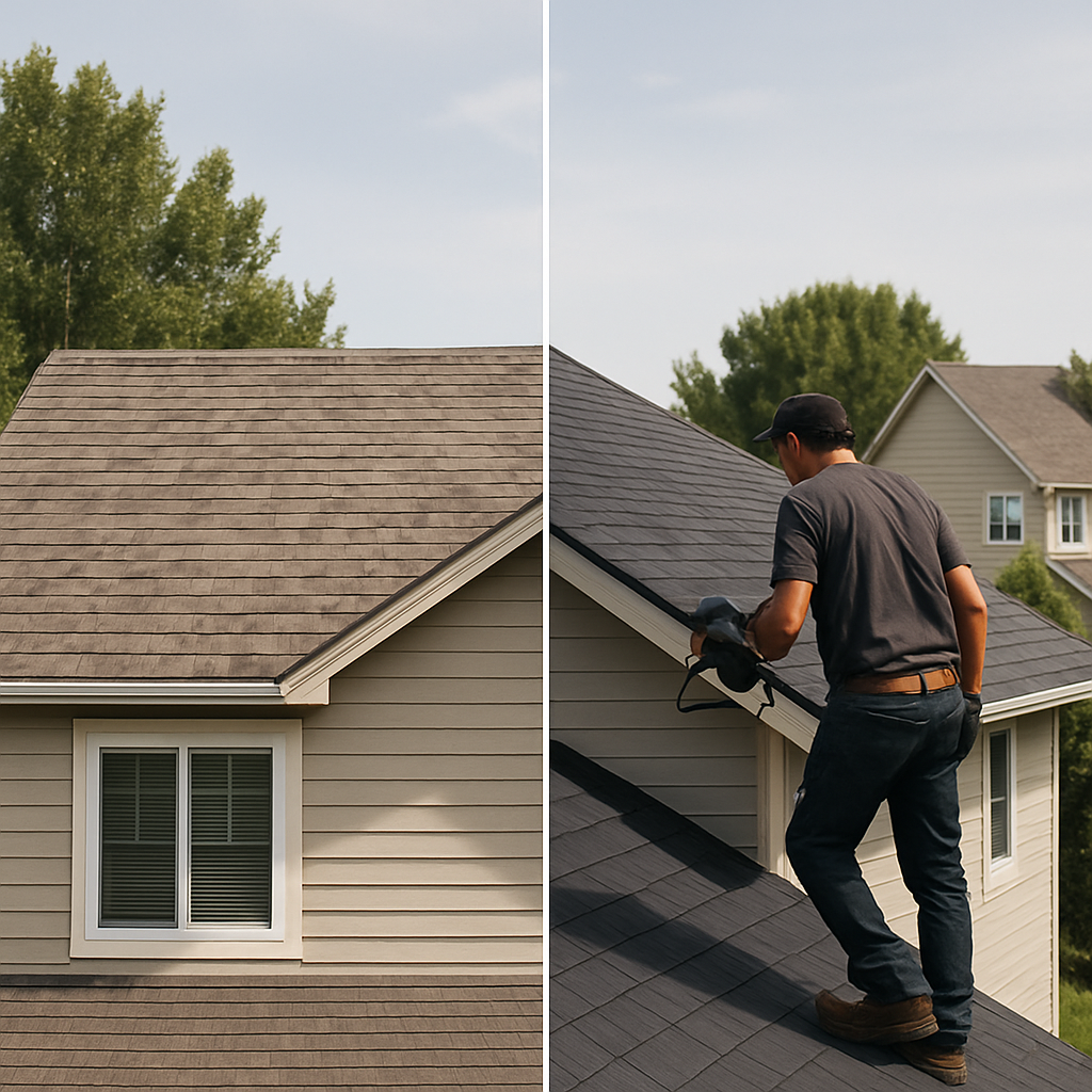 Roofing crew replacing asphalt shingles on Parker home