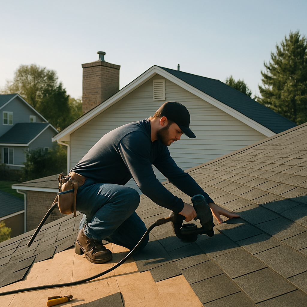 Roofing crew replacing asphalt shingles on Parker home