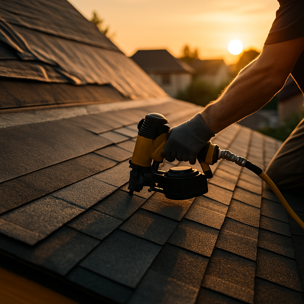 Roofing crew replacing asphalt shingles on Parker home