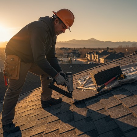 Homeowner reviewing printed roofing estimate Parker Colorado
