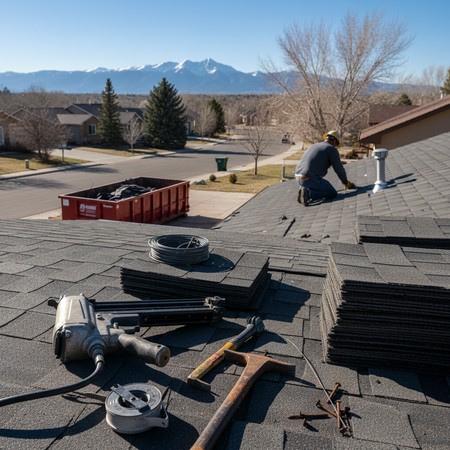 Close-up of hail damaged asphalt shingles Parker Colorado