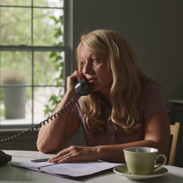 Example static ad: a homeowner on the phone at her kitchen table, waiting for a contractor to call back.