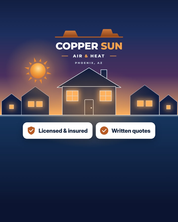Example motion ad on a demo HVAC brand: an illustrated house at dusk, with “Licensed and insured” and “Written quotes” badges.