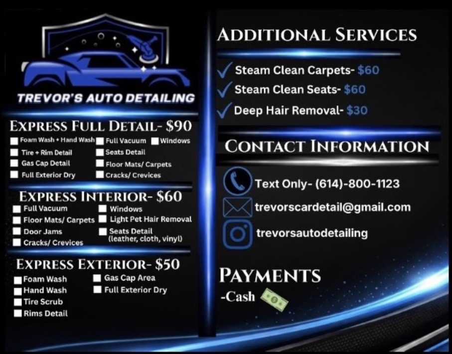 Trevor's Auto Detailing pricing and services graphic