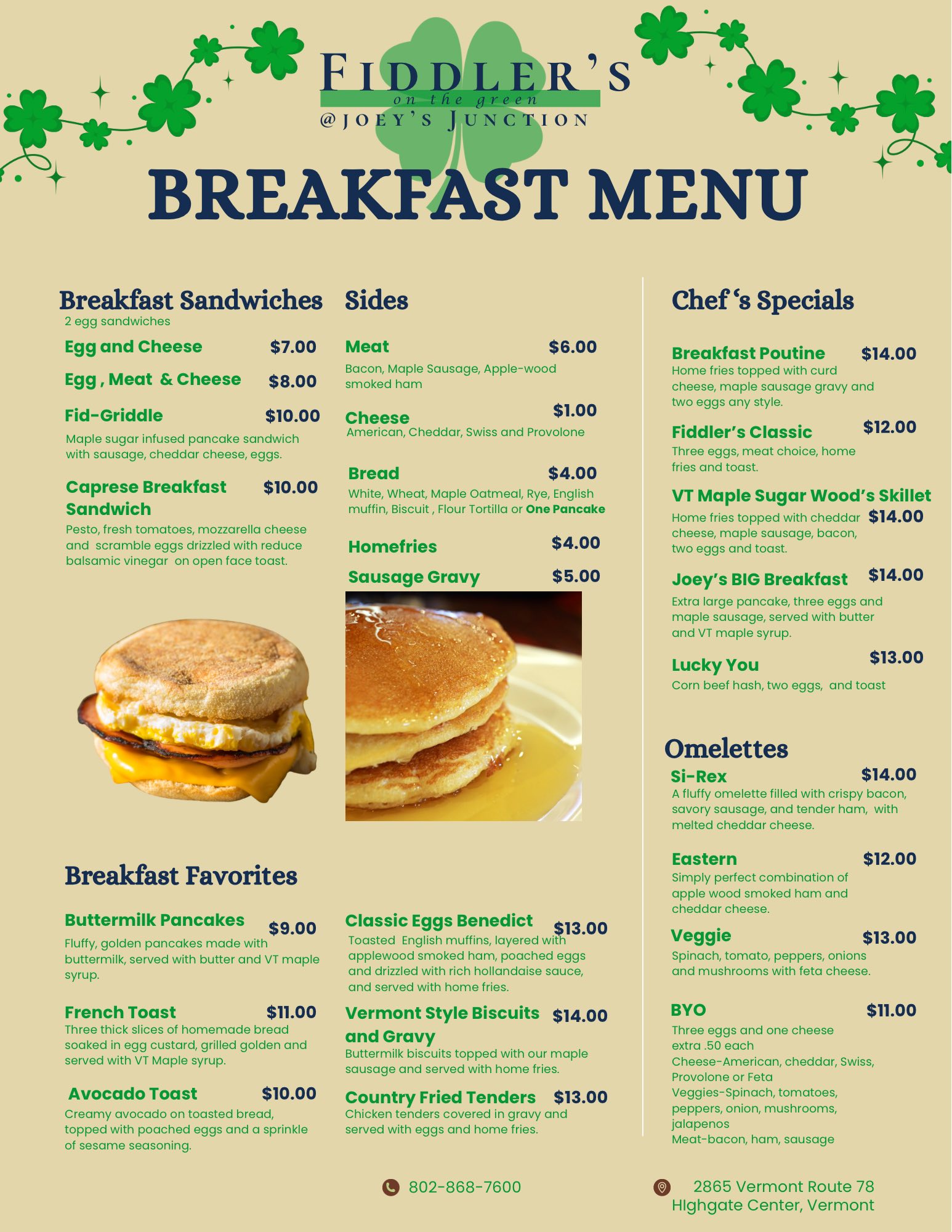 Fiddler's on the Green breakfast menu
