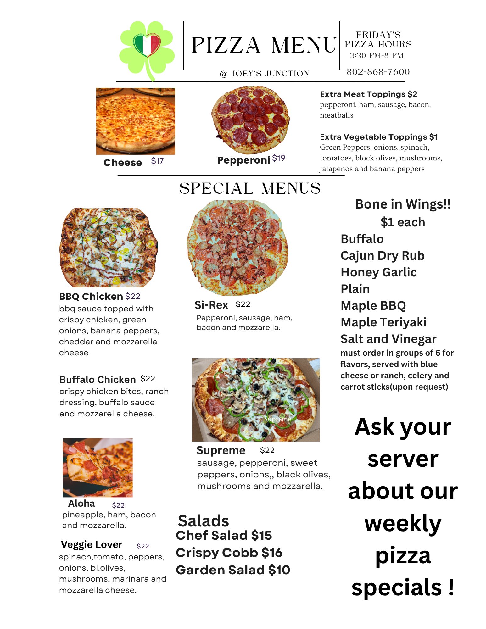 Fiddler's on the Green pizza menu