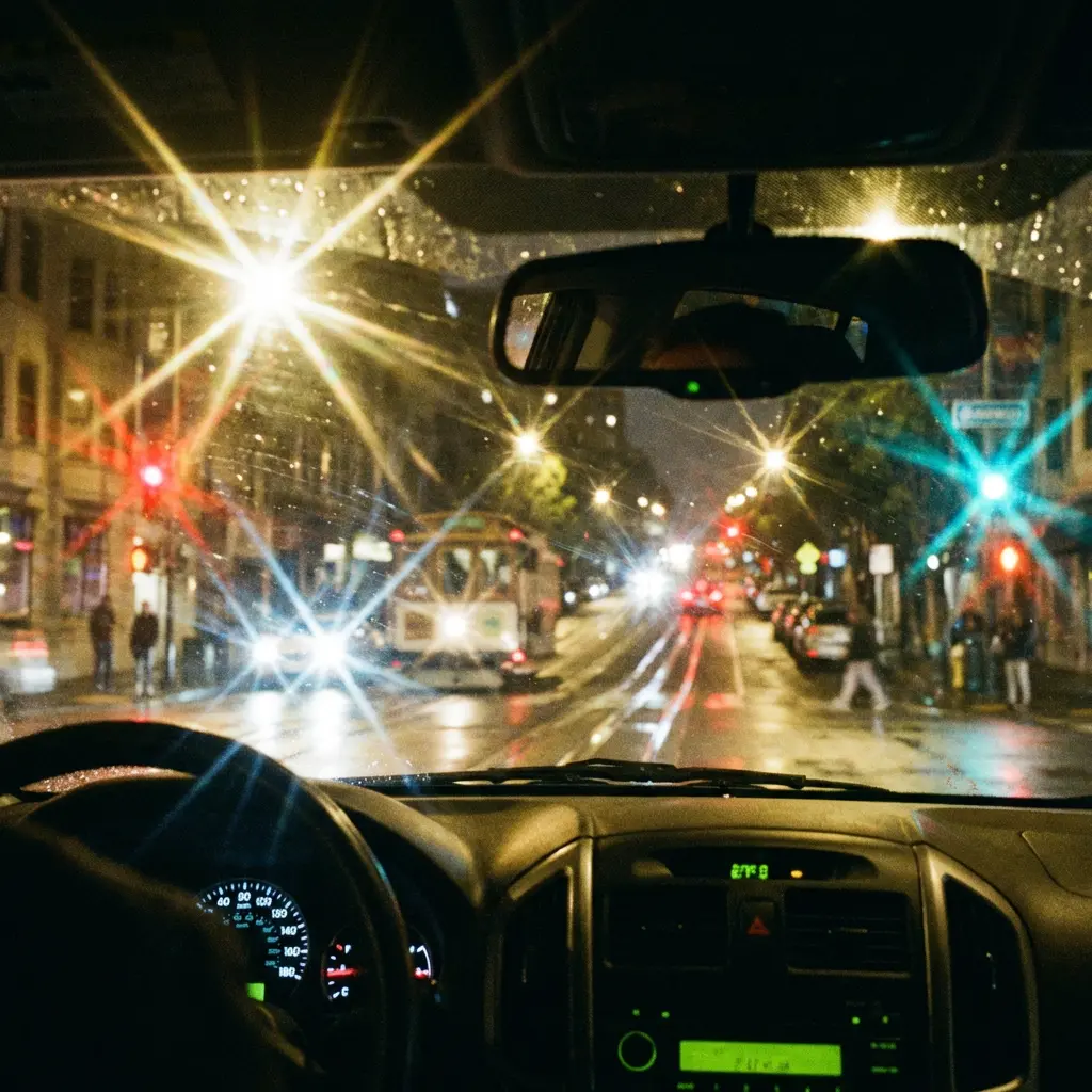 Night driving view through windshield showing starburst glare and halos around headlights caused by uncorrected astigmatism Night driving view through windshield showing starburst glare and halos around headlights caused by uncorrected astigmatism