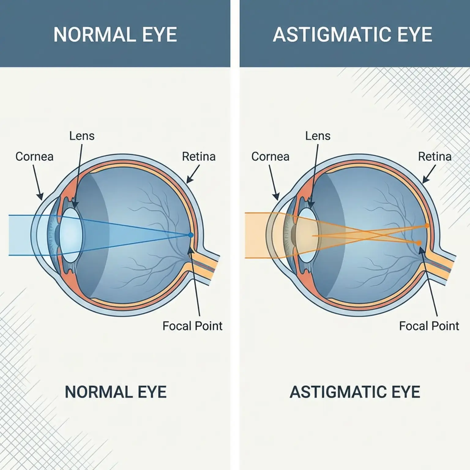 Medical diagram comparing normal eye shape to astigmatism showing irregular corneal curvature causing multiple focal points Medical diagram comparing normal eye shape to astigmatism showing irregular corneal curvature causing multiple focal points