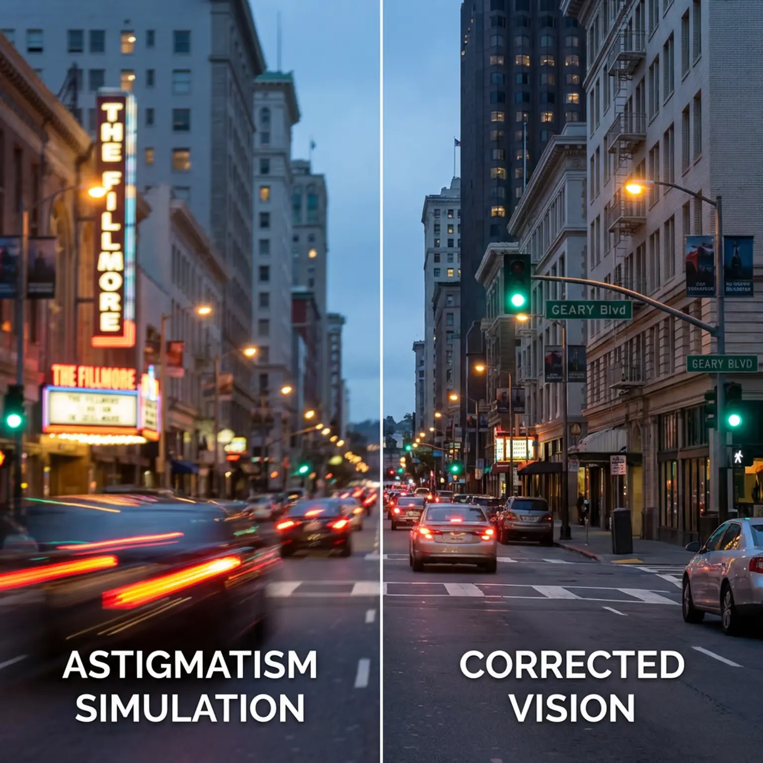 Split-screen comparison showing blurred distorted vision with astigmatism versus clear corrected vision of San Francisco street scene Split-screen comparison showing blurred distorted vision with astigmatism versus clear corrected vision of San Francisco street scene