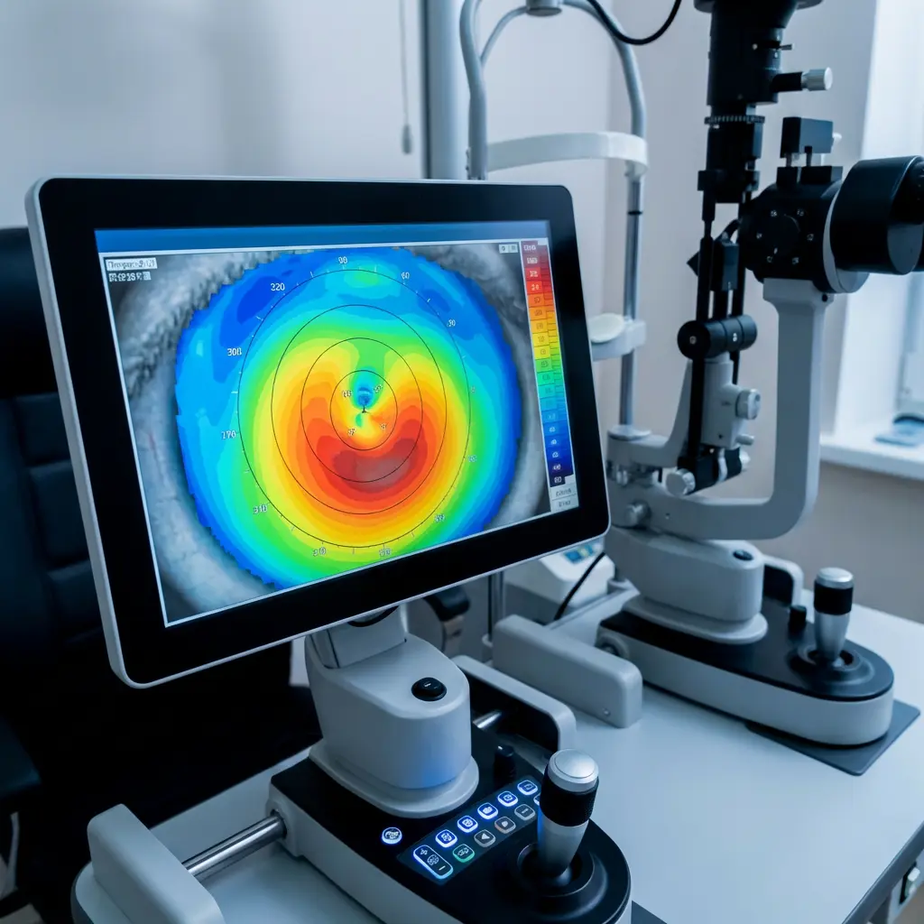 Corneal topography map showing irregular astigmatism curvature measured during comprehensive eye examination Corneal topography map showing irregular astigmatism curvature measured during comprehensive eye examination