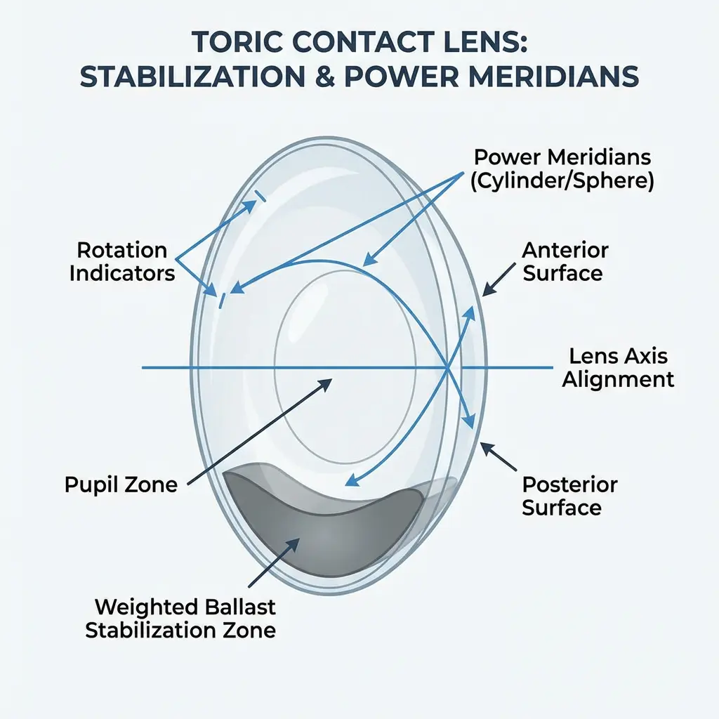 echnical diagram of toric contact lens showing stabilization design and different meridian powers for astigmatism correction echnical diagram of toric contact lens showing stabilization design and different meridian powers for astigmatism correction