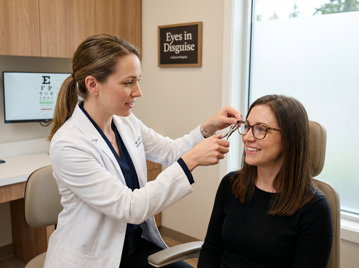 Dr. Michelle Blas conducting follow-up examination for patient adjusting to new eyeglasses at Eyes in Disguise Cow Hollow