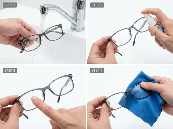 Four-step eyeglass cleaning process showing water rinse, soap application, gentle cleaning, and microfiber drying Four-step eyeglass cleaning process showing water rinse, soap application, gentle cleaning, and microfiber drying