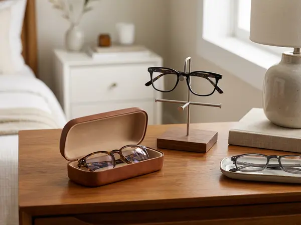 Eyeglass storage options including hard protective case, eyewear stand, and proper placement demonstrating safe storage methods Eyeglass storage options including hard protective case, eyewear stand, and proper placement demonstrating safe storage methods