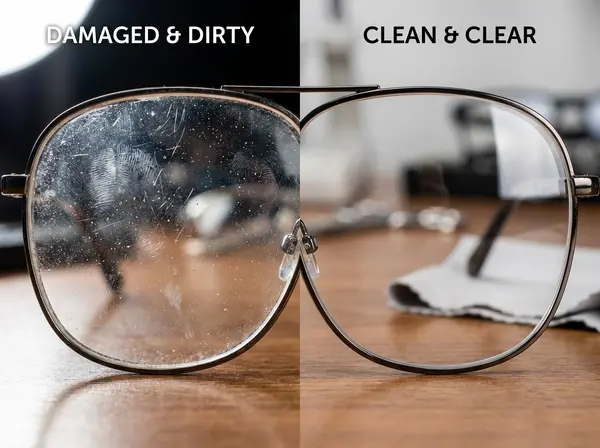 Before and after comparison showing scratched damaged eyeglass lenses versus pristine well-maintained lenses with clear vision Before and after comparison showing scratched damaged eyeglass lenses versus pristine well-maintained lenses with clear vision