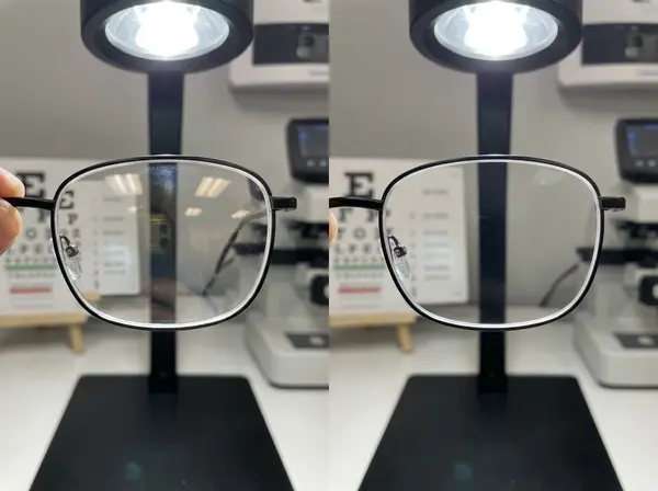 Comparison showing eyeglass lenses with and without anti-reflective coating demonstrating reduced glare and better clarity Comparison showing eyeglass lenses with and without anti-reflective coating demonstrating reduced glare and better clarity