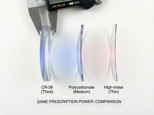 Side-by-side thickness comparison of standard plastic, polycarbonate, and high-index eyeglass lenses for same prescription Side-by-side thickness comparison of standard plastic, polycarbonate, and high-index eyeglass lenses for same prescription