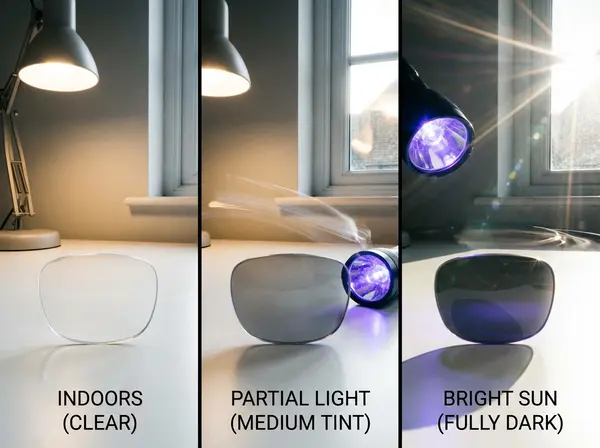 Photochromic transition lenses showing clear indoor state transforming to dark tinted outdoor sunglasses state Photochromic transition lenses showing clear indoor state transforming to dark tinted outdoor sunglasses state